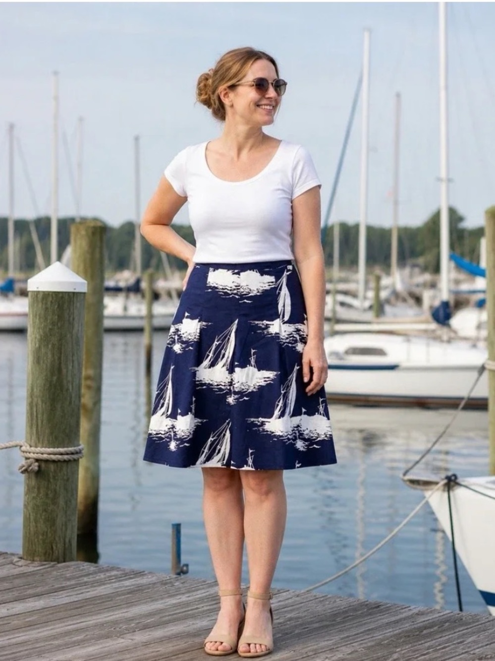 Talbots Navy and White Sailboat Print A-Line Skirt‎